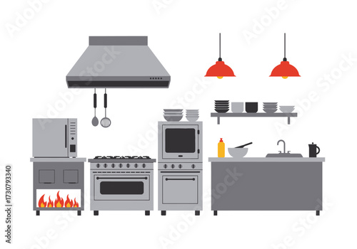 Kitchen scene with stove microwave sink and overhead lighting