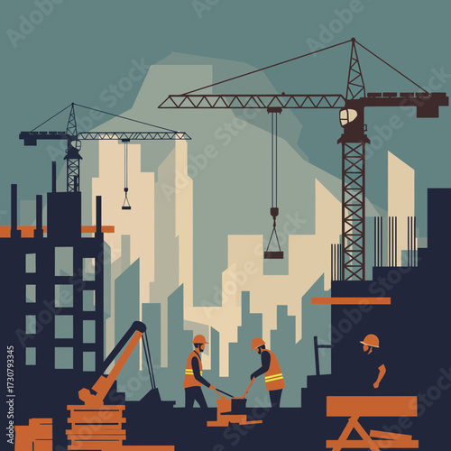 Silhouette construction site with workers, cranes, and unfinished buildings against cityscape, concept for real estate development, urban planning and architectural design