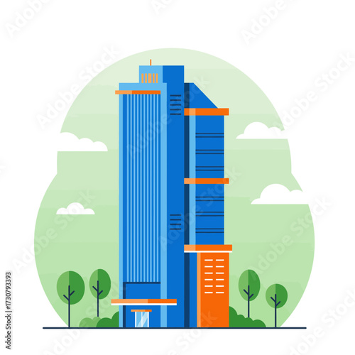 Modern blue skyscraper illustration with orange accents against a light green gradient backdrop with trees and clouds, concept for real estate development, financial investment, and urban planning