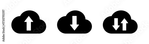 Cloud upload, download, and sync icons representing data transfer, cloud storage, and file synchronization in digital applications and cloud services
