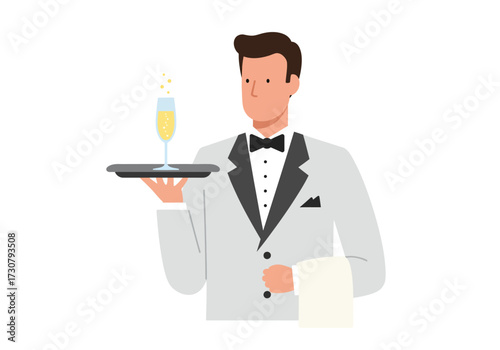Waiter in suit holds tray with glass napkin in hand facing front