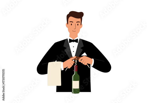 Waiter opens a wine bottle with a corkscrew
