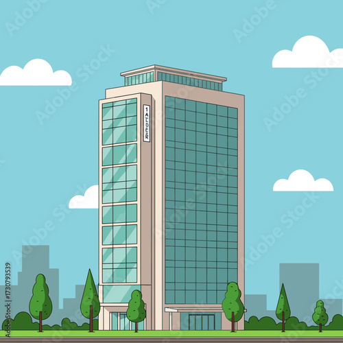 Tall modern office building with a glass facade against a blue sky and cityscape background, concept for real estate development, architectural visualization and city planning