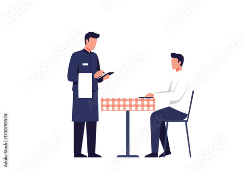 Waiter taking an order from a seated man at a table with a checkered tablecloth