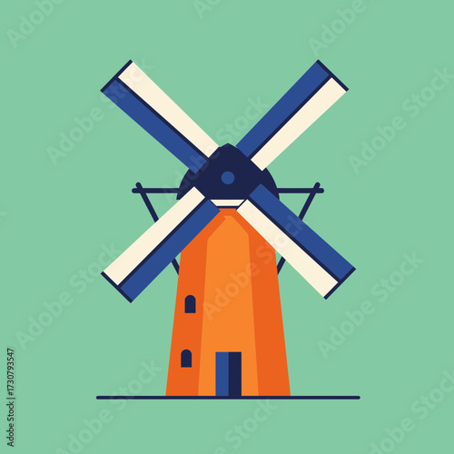 Flat vector illustration of a vibrant orange and blue windmill with four sails against a serene green background. Concept for eco energy, Dutch tourism and alternative power source