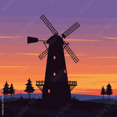 Silhouette of a vintage windmill with coniferous trees against a vibrant sunset sky backdrop, concept for renewable energy sources, countryside tourism and historical preservation