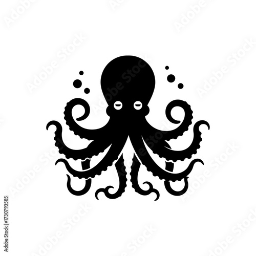 Silhouette of a majestic octopus with swirling tentacles and gentle eyes, presented in stark black against a white backdrop, concept for nautical themes, ocean conservation and marine biology