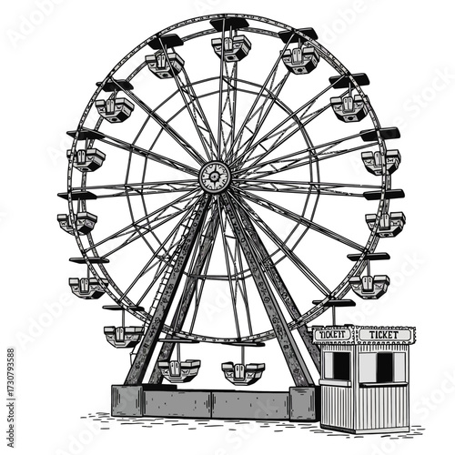 Monochrome drawing of a vintage Ferris wheel with carriages and a ticket booth nearby in simple, vintage style, concept for event branding, fairground attractions, and amusement park designs