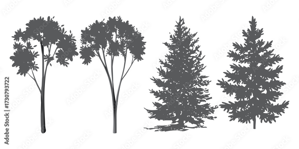 Obraz premium CAD Drawings. Minimal style cad tree line side view, set of graphics trees elements outline symbol for architecture and landscape design drawing. Vector illustration