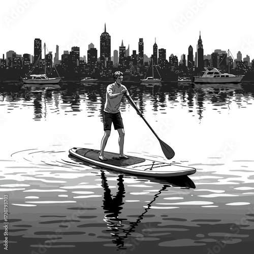 Monochrome illustration of a man paddleboarding on a calm river, the city skyline visible, reflected in water. Concept for urban adventure, watersports recreation and city escapes