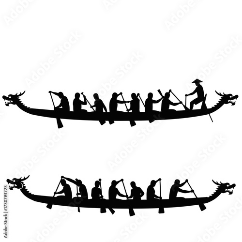 Silhouetted dragon boats with rowers paddling in unison on white backdrop, showcasing teamwork. Concept for cultural events, sport competitions and traditional festivals