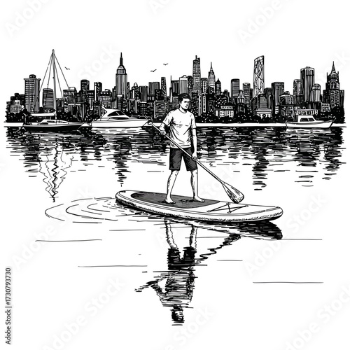 Hand-drawn man paddleboarding on a river with a city skyline backdrop with boats and birds, concept for urban exploration, vacation travel illustration and summer outdoor activities advertisement