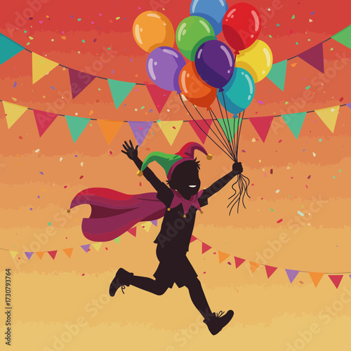 Silhouette of child in jester costume cheerfully running with colorful balloons and festive banner, concept for carnival celebration, party invitation, and fun event promotion