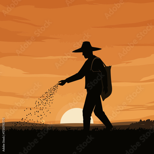 Silhouette of farmer sowing seeds on field against sunset, wearing hat and carrying sack, concept for agriculture illustration, rural development and agricultural practices