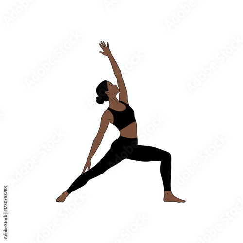Athletic woman in yoga warrior pose with arm extended, wearing black athletic wear and bare feet. Concept for fitness promotion, wellness application and healthy lifestyle blog
