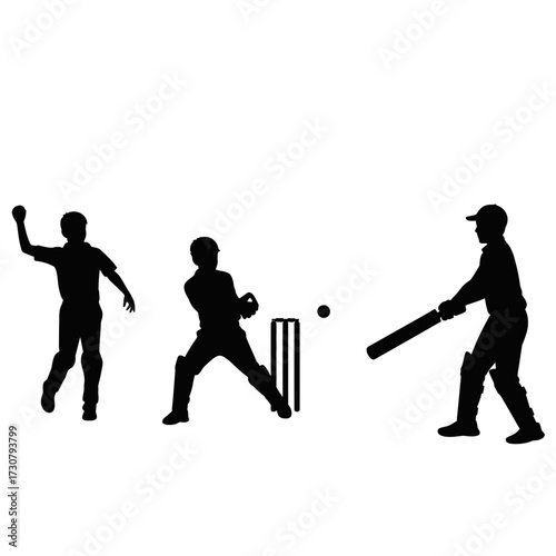 Silhouettes of cricketers in action: bowler throwing, batsman hitting a ball, and batter ready to strike. Concept for sports illustrations, cricket tournament designs and team logo designs