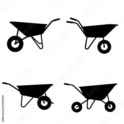 Isolated black silhouette illustrations of various wheelbarrows on a white background, concept for gardening tools, construction equipment, and agricultural assistance
