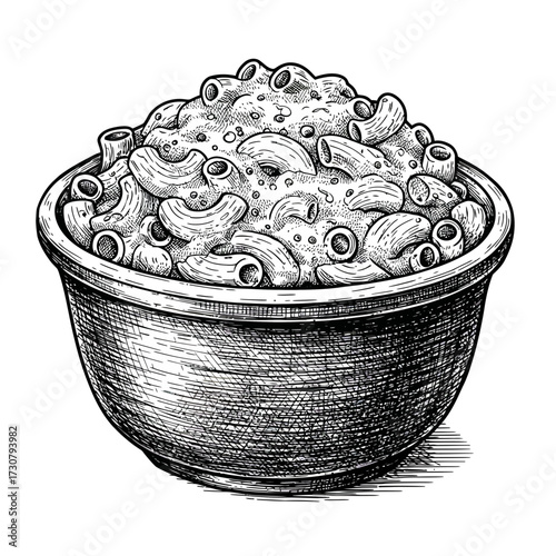Hand-drawn macaroni and cheese overflowing in a rustic bowl with detailed etching, showing comfort food. Concept for menu illustration, culinary arts promotion and restaurant advertising