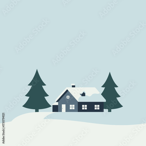 Minimalist winter landscape illustration featuring a snow-covered house nestled between two evergreen trees on a snowy hill, concept for holiday greeting cards, seasonal backgrounds and festive