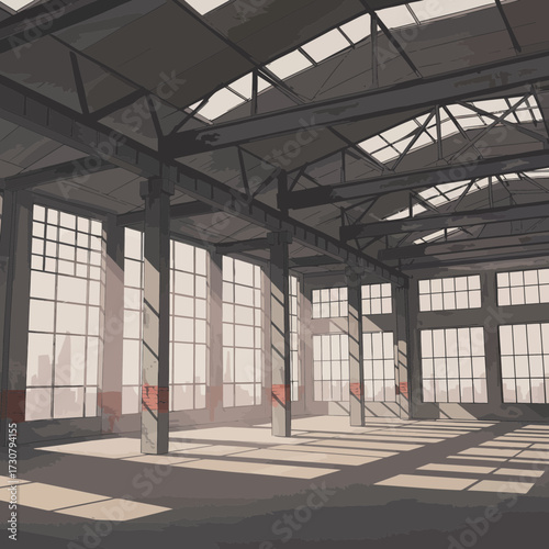 Illustration of a spacious, sunlit empty industrial hall with large windows and steel structure, concept for architectural visualization, warehouse design and factory refurbishment ideas
