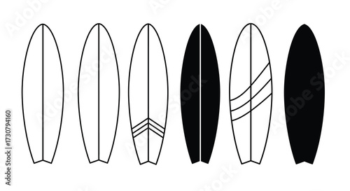 A collection of surfboard outlines with varying shapes and designs shown