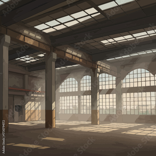 Illustration of a spacious, sunlit industrial building interior with large arched windows and support pillars, concept for architectural visualization, factory renovation, and urban exploration design
