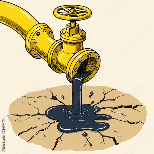 Yellow pipeline valve discharging black liquid onto cracked earth, creating a pool, a vivid illustration. Concept for environmental disaster, resource depletion and industrial pollution