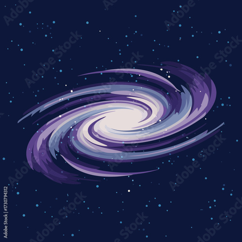 Swirling vector galaxy illustration with violet and white hues against a deep space backdrop with scattered stars, concept for cosmic backgrounds, science education and space exploration visuals