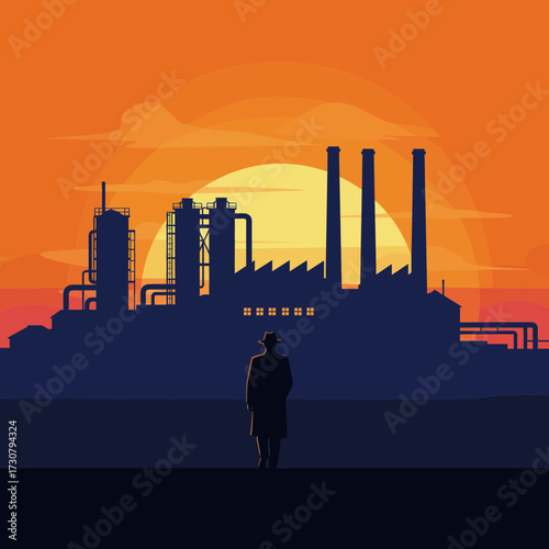 Silhouette of a man wearing hat facing industrial factory with sunset background, concept for environmental concerns, energy production and economic development