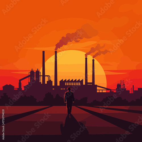 Silhouette of a man walking towards a factory under a fiery sunset sky with smoke rising from the chimneys, concept for industrial development, environmental impact and future planning