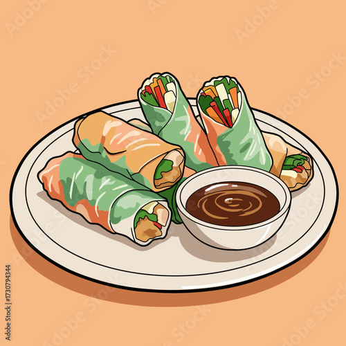 Illustration of colorful spring rolls with dipping sauce on a white plate over light orange backdrop. Concept for menu design, restaurant promotion and Asian food blog illustration