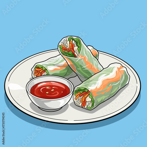Three fresh spring rolls on a white plate with a dipping sauce, vibrant ingredients visible through the wrappers, concept for restaurant menu illustration, culinary design, and advertising campaign
