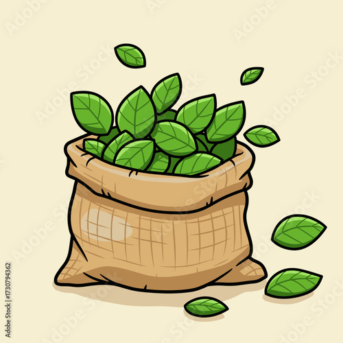 Sack full of vibrant green leaves illustration spilling over the top of a brown sack, concept for herbal products, agriculture, and organic goods