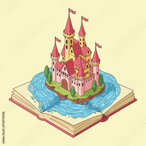 Whimsical castle illustration emerges from an open storybook, surrounded by a moat and greenery. Concept for fairytale narratives, children's books illustration, and magical realms creation