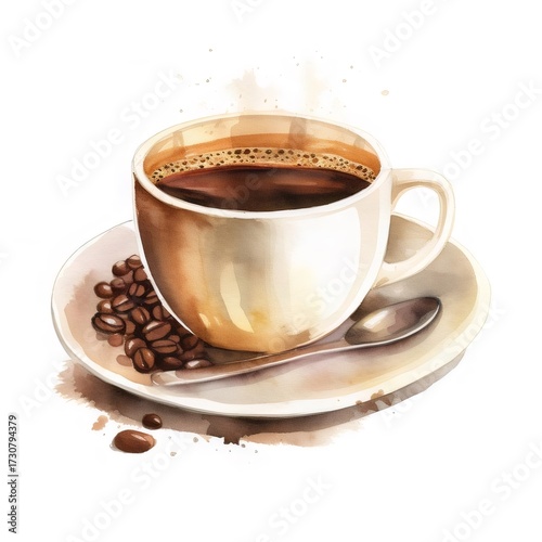 水彩スタイルで描かれたコーヒーカップとコーヒー豆のイラスト