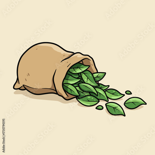 Illustration of a burlap sack spilling green leaves on a cream background. Concept for herbal tea packaging, natural product promotion and organic cosmetic ingredient designs