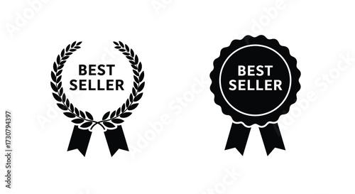 Two black best seller award badges with ribbon details shown