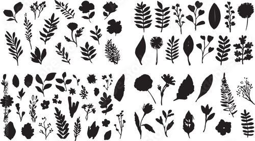 Vector art of set of monochrome floral elements for design use