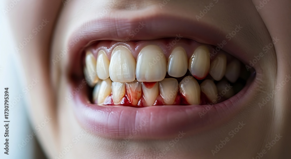 Fototapeta premium Closeup of gums bleeding due to gingivitis and poor dental hygiene