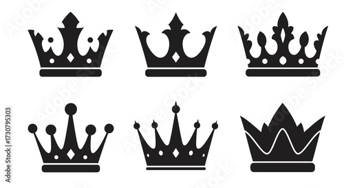 A selection of six black silhouettes depicting different royal crowns