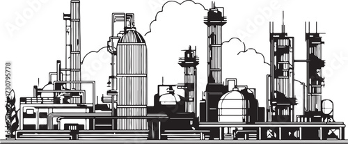 Vector art of sketch of a large industrial complex with many structures