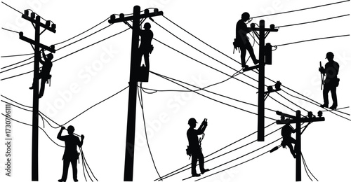 Electrical linemen climbing poles, repairing power lines, utility workers with safety gear, energy maintenance, voltage repair, cable installation, outdoor electrical service