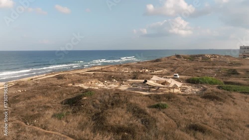 Aerial View of Tel Shikmona Ancient Ruins on Mediterranean Coastline Israel