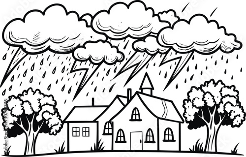 Stormy Weather Houses Trees and Lightning Black and White