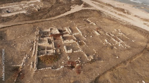 Aerial View of Tel Shikmona Ancient Ruins on Mediterranean Coastline Israel