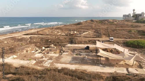Aerial View of Tel Shikmona Ancient Ruins on Mediterranean Coastline Israel