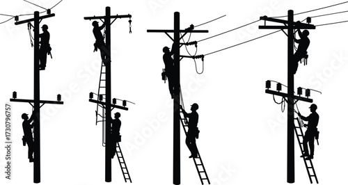 Electrical linemen working on utility poles, climbing ladders, repairing power lines, high voltage maintenance, energy distribution, professional electricians, outdoor electrical service