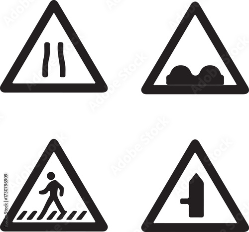 Warning road signs narrow road bumpy road pedestrian crossing side road
