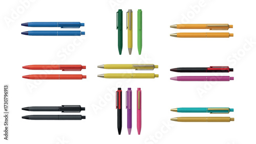 Colorful Pen Variety: A collection of vibrant ballpoint pens, each meticulously captured from a high-angle perspective, showcasing their unique colors and sleek designs.