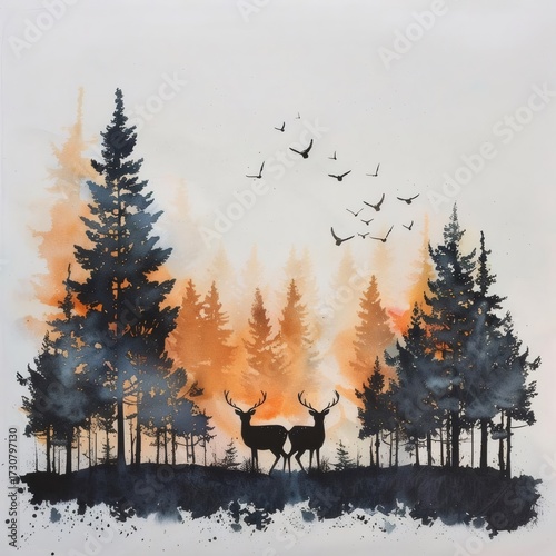 手描きの水彩画の森と鹿と鳥の群れ